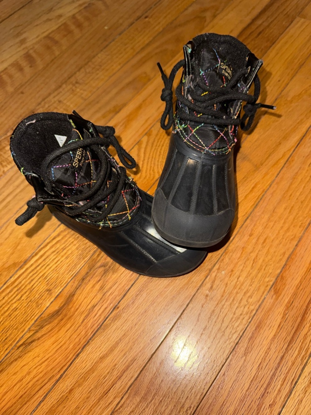 Sperry Black Duck Boots with Multicolor Quilted Collar